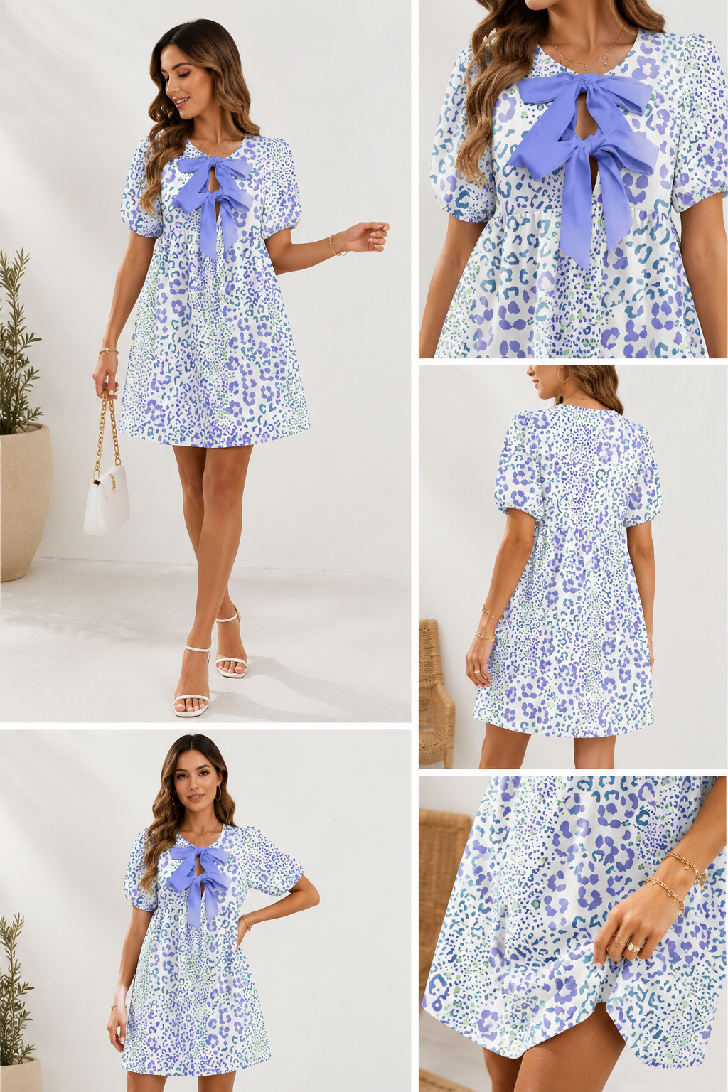 Blue Leopard Print Bow Mini Dress